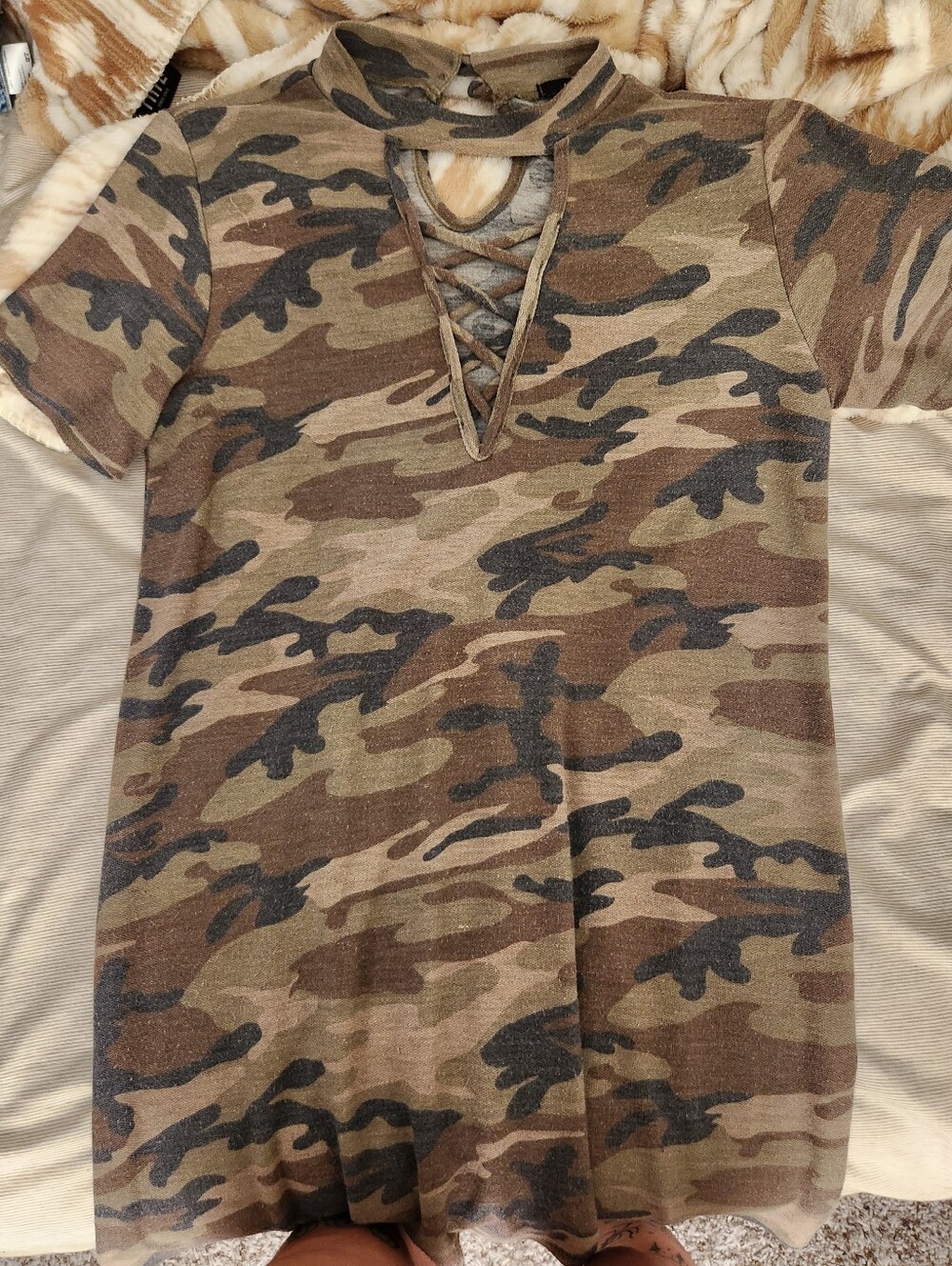 Forever 21 Green Brown Camo Mini Dress with Lace-Up Neck